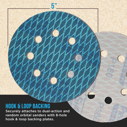 Premium 180 Grit 5" Rhombus Diamond Shape Blue Sanding Discs, 8-Hole, Box of 50 - Hook & Loop Anti-Clogging J-Cloth Dustless Sandpaper for Random Orbital Sanders