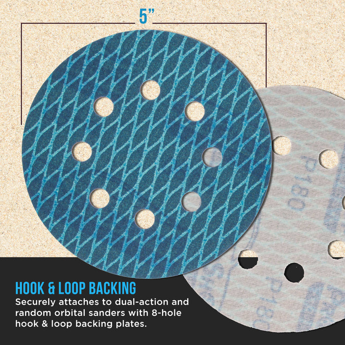Premium 180 Grit 5" Rhombus Diamond Shape Blue Sanding Discs, 8-Hole, Box of 50 - Hook & Loop Anti-Clogging J-Cloth Dustless Sandpaper for Random Orbital Sanders, Sand Auto Paint, Wood