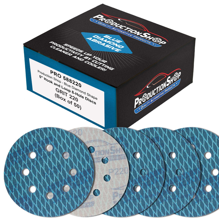 Premium 220 Grit 5" Rhombus Diamond Shape Blue Sanding Discs, 8-Hole, Box of 50 - Hook & Loop Anti-Clogging J-Cloth Dustless Sandpaper for Random Orbital Sanders, Sand Auto Paint, Wood
