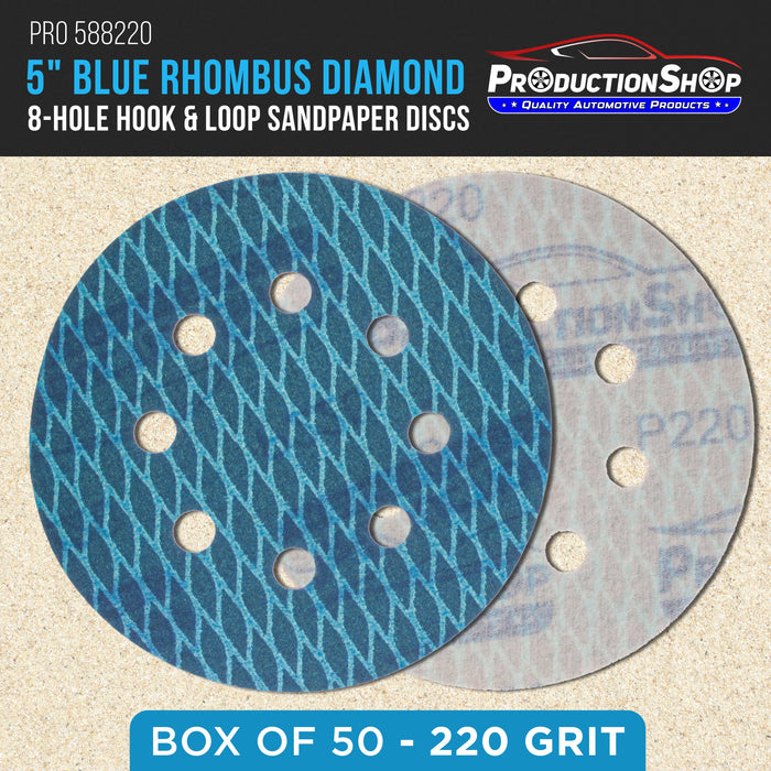 Premium 220 Grit 5" Rhombus Diamond Shape Blue Sanding Discs, 8-Hole, Box of 50 - Hook & Loop Anti-Clogging J-Cloth Dustless Sandpaper for Random Orbital Sanders, Sand Auto Paint, Wood