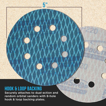 Premium 220 Grit 5" Rhombus Diamond Shape Blue Sanding Discs, 8-Hole, Box of 50 - Hook & Loop Anti-Clogging J-Cloth Dustless Sandpaper for Random Orbital Sanders