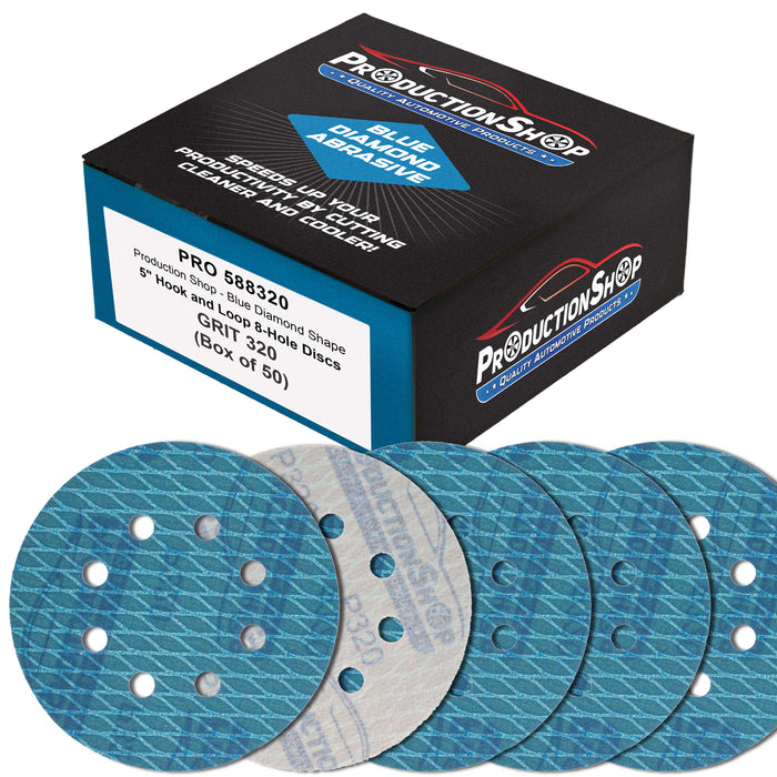 Premium 320 Grit 5" Rhombus Diamond Shape Blue Sanding Discs, 8-Hole, Box of 50 - Hook & Loop Anti-Clogging J-Cloth Dustless Sandpaper for Random Orbital Sanders, Sand Auto Paint, Wood