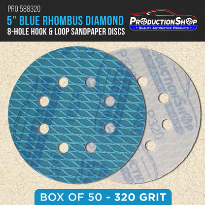 Premium 320 Grit 5" Rhombus Diamond Shape Blue Sanding Discs, 8-Hole, Box of 50 - Hook & Loop Anti-Clogging J-Cloth Dustless Sandpaper for Random Orbital Sanders