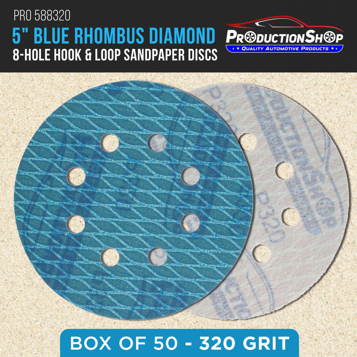 Premium 320 Grit 5" Rhombus Diamond Shape Blue Sanding Discs, 8-Hole, Box of 50 - Hook & Loop Anti-Clogging J-Cloth Dustless Sandpaper for Random Orbital Sanders, Sand Auto Paint, Wood