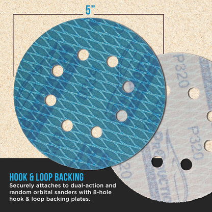 Premium 320 Grit 5" Rhombus Diamond Shape Blue Sanding Discs, 8-Hole, Box of 50 - Hook & Loop Anti-Clogging J-Cloth Dustless Sandpaper for Random Orbital Sanders