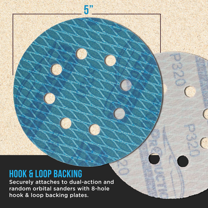 Premium 320 Grit 5" Rhombus Diamond Shape Blue Sanding Discs, 8-Hole, Box of 50 - Hook & Loop Anti-Clogging J-Cloth Dustless Sandpaper for Random Orbital Sanders, Sand Auto Paint, Wood