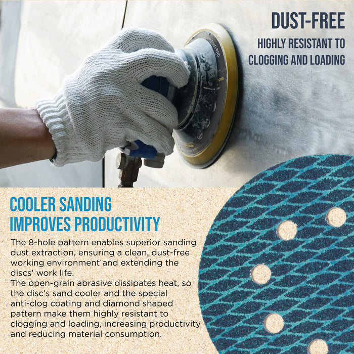 Premium 320 Grit 5" Rhombus Diamond Shape Blue Sanding Discs, 8-Hole, Box of 50 - Hook & Loop Anti-Clogging J-Cloth Dustless Sandpaper for Random Orbital Sanders, Sand Auto Paint, Wood