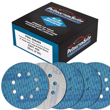 Premium 400 Grit 5" Rhombus Diamond Shape Blue Sanding Discs, 8-Hole, Box of 50 - Hook & Loop Anti-Clogging J-Cloth Dustless Sandpaper for Random Orbital Sanders