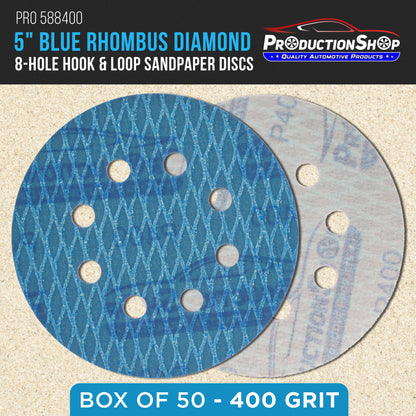 Premium 400 Grit 5" Rhombus Diamond Shape Blue Sanding Discs, 8-Hole, Box of 50 - Hook & Loop Anti-Clogging J-Cloth Dustless Sandpaper for Random Orbital Sanders