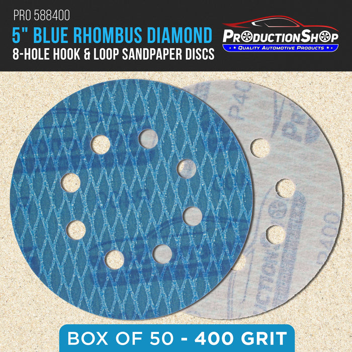 Premium 400 Grit 5" Rhombus Diamond Shape Blue Sanding Discs, 8-Hole, Box of 50 - Hook & Loop Anti-Clogging J-Cloth Dustless Sandpaper for Random Orbital Sanders, Sand Auto Paint, Wood