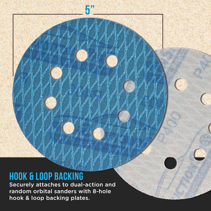 Premium 400 Grit 5" Rhombus Diamond Shape Blue Sanding Discs, 8-Hole, Box of 50 - Hook & Loop Anti-Clogging J-Cloth Dustless Sandpaper for Random Orbital Sanders