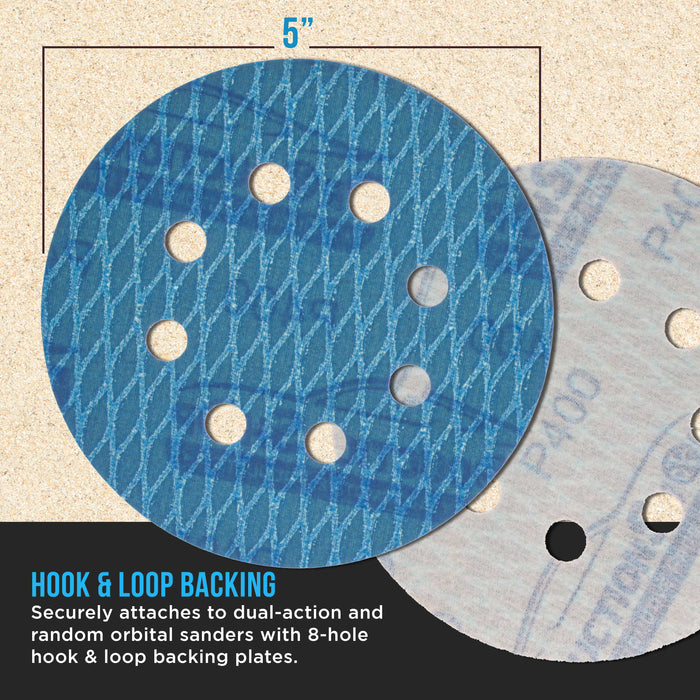 Premium 400 Grit 5" Rhombus Diamond Shape Blue Sanding Discs, 8-Hole, Box of 50 - Hook & Loop Anti-Clogging J-Cloth Dustless Sandpaper for Random Orbital Sanders, Sand Auto Paint, Wood