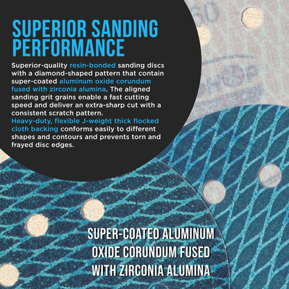 Premium 400 Grit 5" Rhombus Diamond Shape Blue Sanding Discs, 8-Hole, Box of 50 - Hook & Loop Anti-Clogging J-Cloth Dustless Sandpaper for Random Orbital Sanders