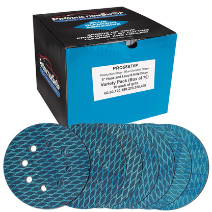 Premium 5" Rhombus Diamond Shape Blue Sanding Discs, 8-Hole, 70 Disc Variety Pack, Grits 60, 80, 120, 150, 180, 220, 320, 400 - Hook & Loop Sandpaper, Random Orbital Sanders