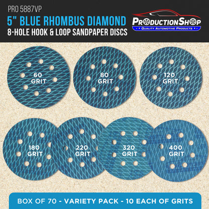 Premium 5" Rhombus Diamond Shape Blue Sanding Discs, 8-Hole, 70 Disc Variety Pack, Grits 60, 80, 120, 150, 180, 220, 320, 400 - Hook & Loop Sandpaper, Random Orbital Sanders