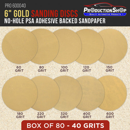 Premium 40 Grit 6" PSA Gold Sanding Discs, Box of 80 - Self Adhesive Stickyback Abrasive Sandpaper for DA & Random Orbital Sanders