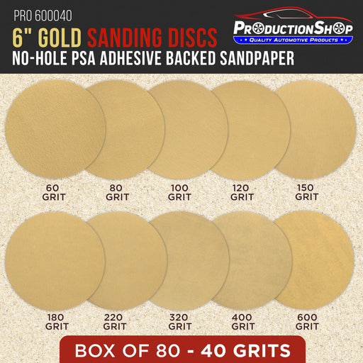 Premium 40 Grit 6" PSA Gold Sanding Discs, Box of 80 - Self Adhesive Stickyback Abrasive Sandpaper for DA & Random Orbital Sanders - Sand Auto Paint Metal, Wood Woodworking Furniture