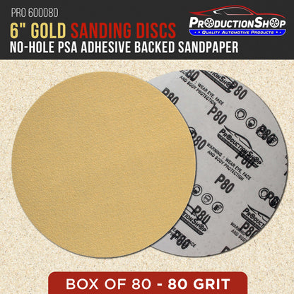 Premium 80 Grit 6" PSA Gold Sanding Discs, Box of 100 - Self Adhesive Stickyback Abrasive Sandpaper for DA & Random Orbital Sanders