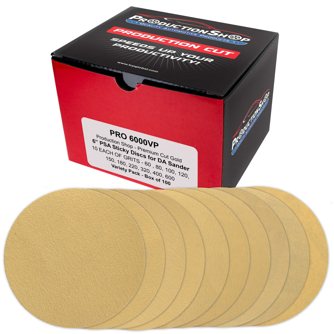 Premium 6" PSA Gold Sanding Discs, 100 Disc Variety Pack, Grits 60, 80, 100, 120, 150, 180, 220, 320, 400, 600 - Self Adhesive Stickyback Sandpaper, DA & Random Orbital Sanders