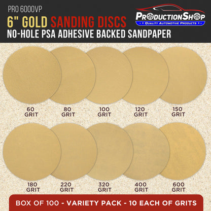 Premium 6" PSA Gold Sanding Discs, 100 Disc Variety Pack, Grits 60, 80, 100, 120, 150, 180, 220, 320, 400, 600 - Self Adhesive Stickyback Sandpaper, DA & Random Orbital Sanders