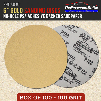 Premium 100 Grit 6" PSA Gold Sanding Discs, Box of 100 - Self Adhesive Stickyback Abrasive Sandpaper for DA & Random Orbital Sanders