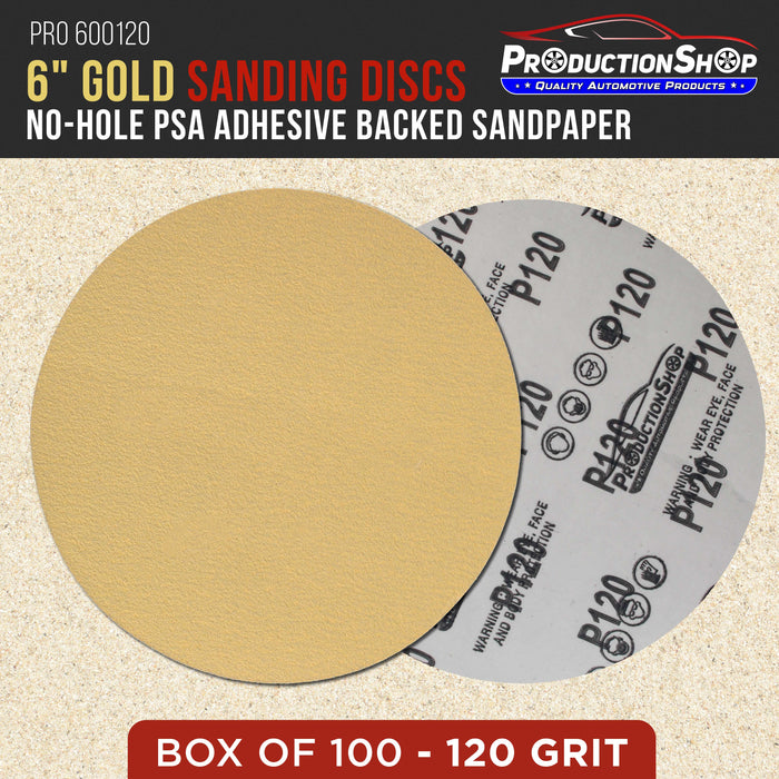 Premium 120 Grit 6" PSA Gold Sanding Discs, Box of 100 - Self Adhesive Stickyback Abrasive Sandpaper for DA & Random Orbital Sanders - Sand Auto Paint Metal, Wood Woodworking Furniture