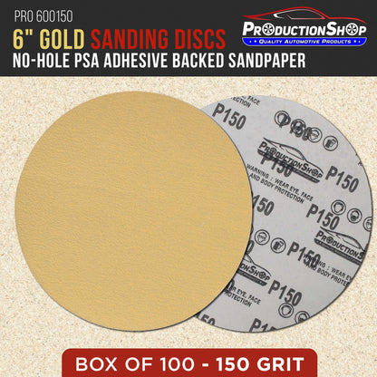 Premium 150 Grit 6" PSA Gold Sanding Discs, Box of 100 - Self Adhesive Stickyback Abrasive Sandpaper for DA & Random Orbital Sanders