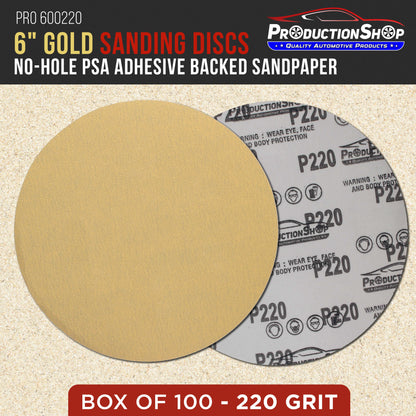 Premium 220 Grit 6" PSA Gold Sanding Discs, Box of 100 - Self Adhesive Stickyback Abrasive Sandpaper for DA & Random Orbital Sanders