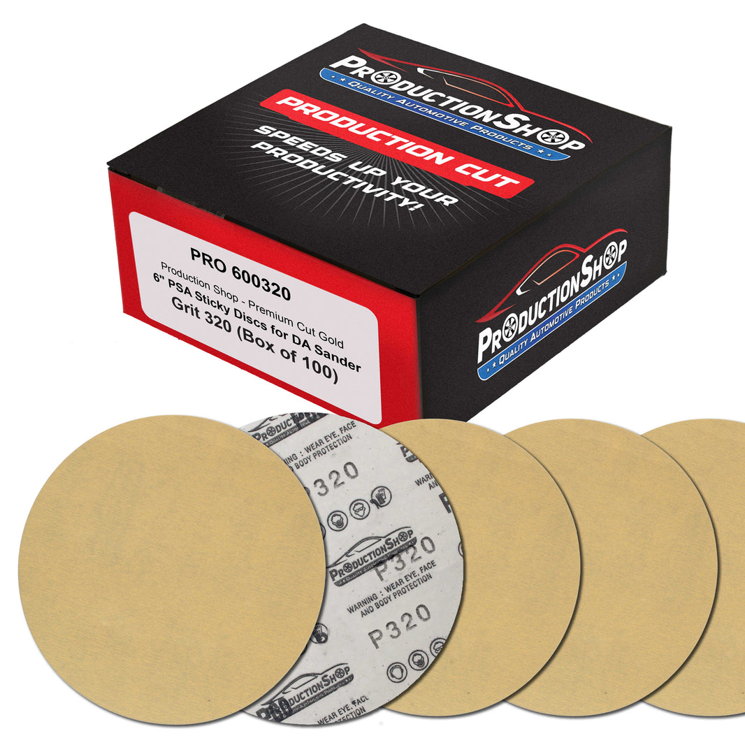 Premium 320 Grit 6" PSA Gold Sanding Discs, Box of 100 - Self Adhesive Stickyback Abrasive Sandpaper for DA & Random Orbital Sanders