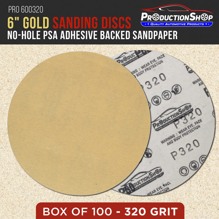 Premium 320 Grit 6" PSA Gold Sanding Discs, Box of 100 - Self Adhesive Stickyback Abrasive Sandpaper for DA & Random Orbital Sanders - Sand Auto Paint Metal, Wood Woodworking Furniture