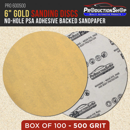 Premium 500 Grit 6" PSA Gold Sanding Discs, Box of 100 - Self Adhesive Stickyback Abrasive Sandpaper for DA & Random Orbital Sanders