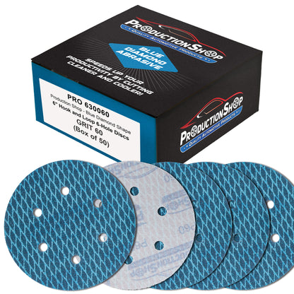 Premium 60 Grit 6" Rhombus Diamond Shape Blue Sanding Discs, 6-Hole, Box of 50 - Hook & Loop Anti-Clogging J-Cloth Dustless Sandpaper for Random Orbital Sanders