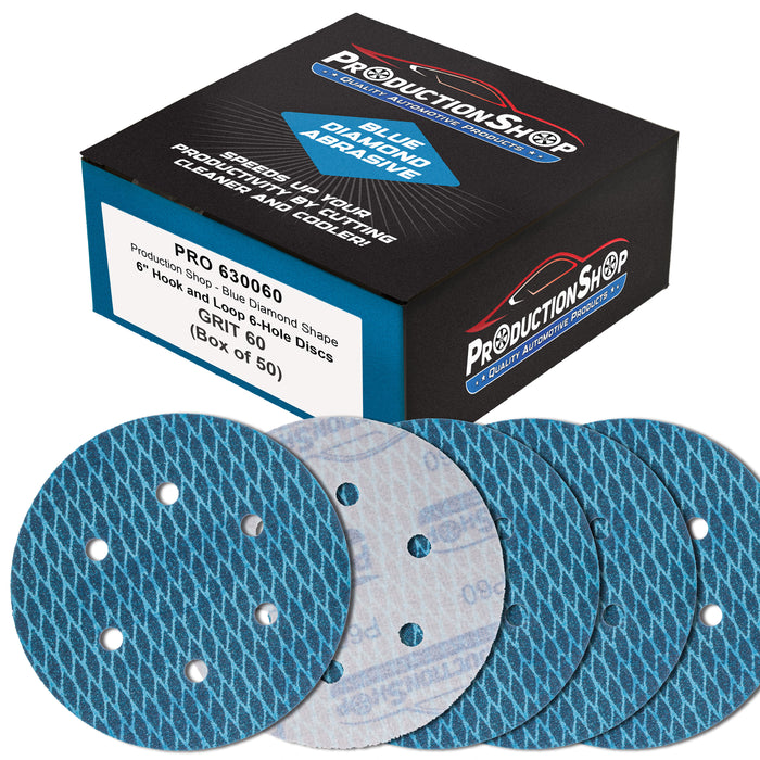 Premium 60 Grit 6" Rhombus Diamond Shape Blue Sanding Discs, 6-Hole, Box of 50 - Hook & Loop Anti-Clogging J-Cloth Dustless Sandpaper for Random Orbital Sanders, Sand Auto Paint, Wood
