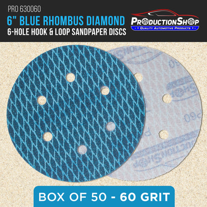 Premium 60 Grit 6" Rhombus Diamond Shape Blue Sanding Discs, 6-Hole, Box of 50 - Hook & Loop Anti-Clogging J-Cloth Dustless Sandpaper for Random Orbital Sanders