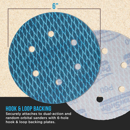 Premium 60 Grit 6" Rhombus Diamond Shape Blue Sanding Discs, 6-Hole, Box of 50 - Hook & Loop Anti-Clogging J-Cloth Dustless Sandpaper for Random Orbital Sanders