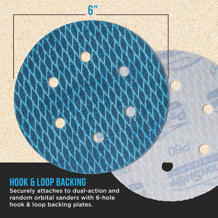 Premium 60 Grit 6" Rhombus Diamond Shape Blue Sanding Discs, 6-Hole, Box of 50 - Hook & Loop Anti-Clogging J-Cloth Dustless Sandpaper for Random Orbital Sanders, Sand Auto Paint, Wood