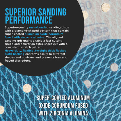 Premium 60 Grit 6" Rhombus Diamond Shape Blue Sanding Discs, 6-Hole, Box of 50 - Hook & Loop Anti-Clogging J-Cloth Dustless Sandpaper for Random Orbital Sanders