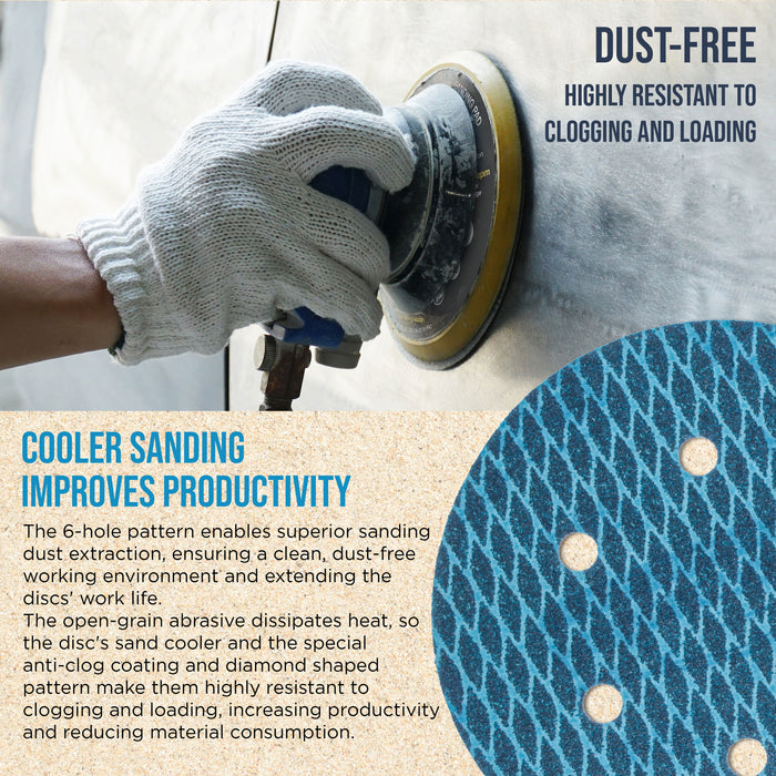 Premium 60 Grit 6" Rhombus Diamond Shape Blue Sanding Discs, 6-Hole, Box of 50 - Hook & Loop Anti-Clogging J-Cloth Dustless Sandpaper for Random Orbital Sanders, Sand Auto Paint, Wood