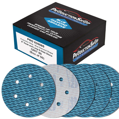 Premium 80 Grit 6" Rhombus Diamond Shape Blue Sanding Discs, 6-Hole, Box of 50 - Hook & Loop Anti-Clogging J-Cloth Dustless Sandpaper for Random Orbital Sanders