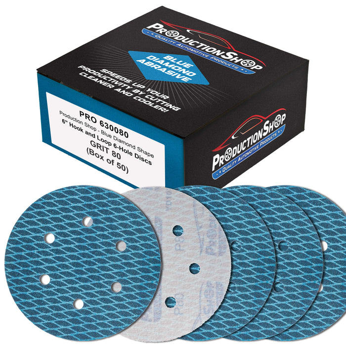 Premium 80 Grit 6" Rhombus Diamond Shape Blue Sanding Discs, 6-Hole, Box of 50 - Hook & Loop Anti-Clogging J-Cloth Dustless Sandpaper for Random Orbital Sanders, Sand Auto Paint, Wood