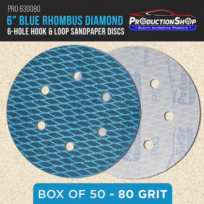 Premium 80 Grit 6" Rhombus Diamond Shape Blue Sanding Discs, 6-Hole, Box of 50 - Hook & Loop Anti-Clogging J-Cloth Dustless Sandpaper for Random Orbital Sanders
