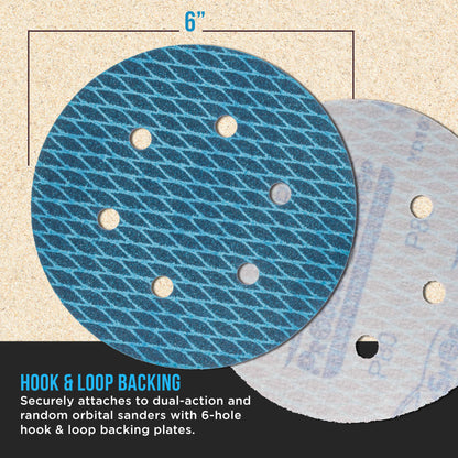 Premium 80 Grit 6" Rhombus Diamond Shape Blue Sanding Discs, 6-Hole, Box of 50 - Hook & Loop Anti-Clogging J-Cloth Dustless Sandpaper for Random Orbital Sanders
