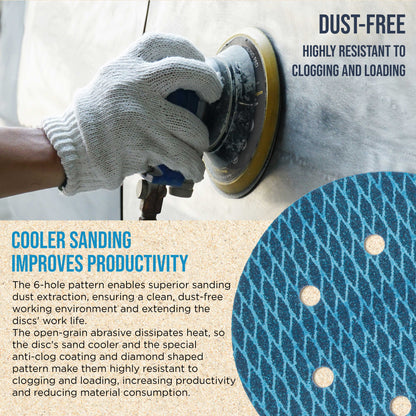 Premium 80 Grit 6" Rhombus Diamond Shape Blue Sanding Discs, 6-Hole, Box of 50 - Hook & Loop Anti-Clogging J-Cloth Dustless Sandpaper for Random Orbital Sanders