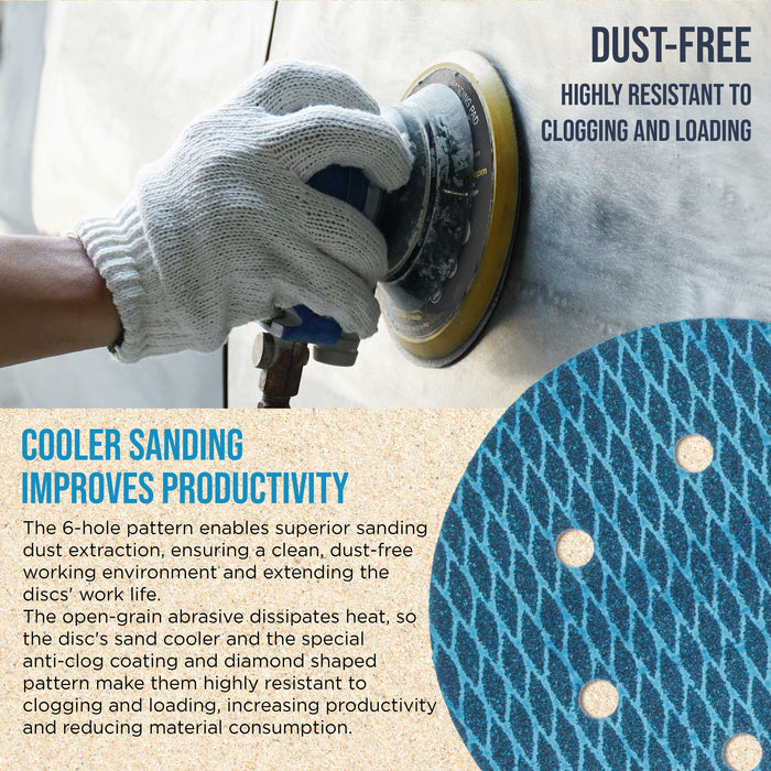 Premium 80 Grit 6" Rhombus Diamond Shape Blue Sanding Discs, 6-Hole, Box of 50 - Hook & Loop Anti-Clogging J-Cloth Dustless Sandpaper for Random Orbital Sanders, Sand Auto Paint, Wood