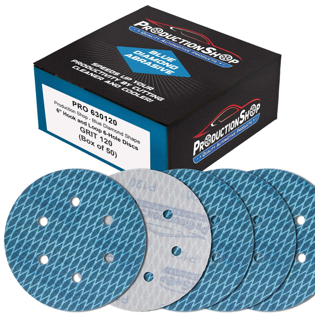 Premium 120 Grit 6" Rhombus Diamond Shape Blue Sanding Discs, 6-Hole, Box of 50 - Hook & Loop Anti-Clogging J-Cloth Dustless Sandpaper for Random Orbital Sanders