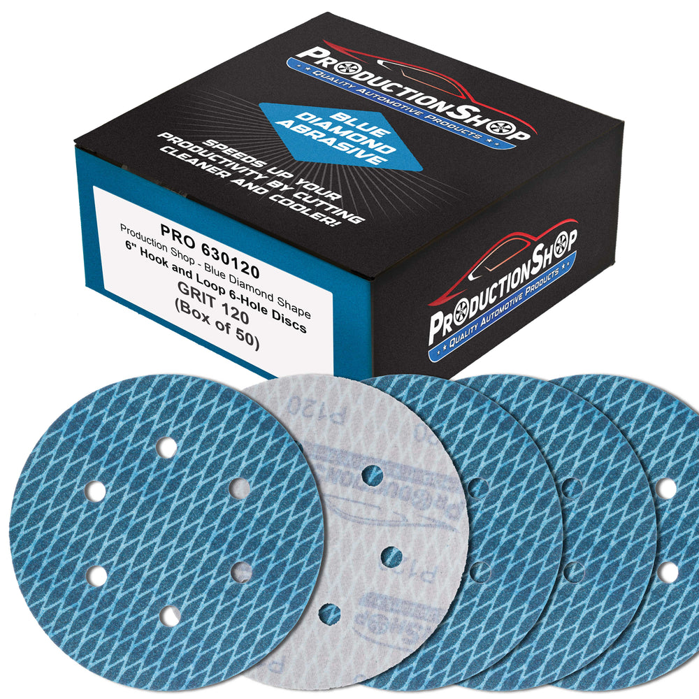 Premium 120 Grit 6" Rhombus Diamond Shape Blue Sanding Discs, 6-Hole, Box of 50 - Hook & Loop Anti-Clogging J-Cloth Dustless Sandpaper for Random Orbital Sanders, Sand Auto Paint, Wood
