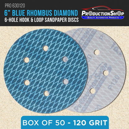 Premium 120 Grit 6" Rhombus Diamond Shape Blue Sanding Discs, 6-Hole, Box of 50 - Hook & Loop Anti-Clogging J-Cloth Dustless Sandpaper for Random Orbital Sanders