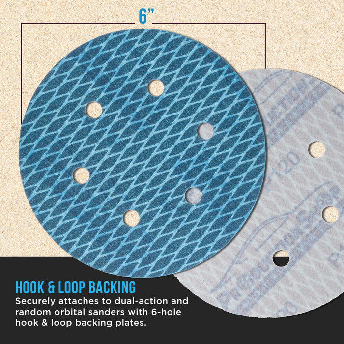 Premium 120 Grit 6" Rhombus Diamond Shape Blue Sanding Discs, 6-Hole, Box of 50 - Hook & Loop Anti-Clogging J-Cloth Dustless Sandpaper for Random Orbital Sanders, Sand Auto Paint, Wood