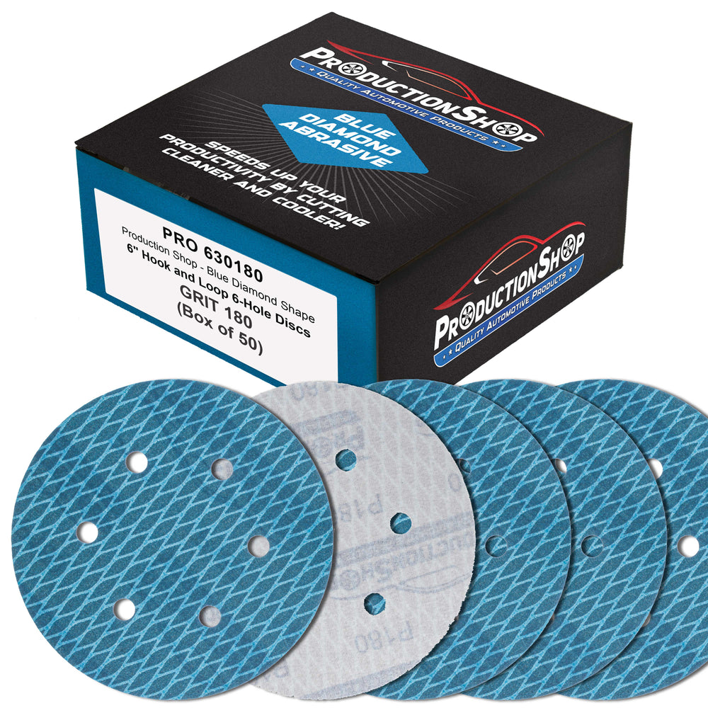 Premium 180 Grit 6" Rhombus Diamond Shape Blue Sanding Discs, 6-Hole, Box of 50 - Hook & Loop Anti-Clogging J-Cloth Dustless Sandpaper for Random Orbital Sanders, Sand Auto Paint, Wood