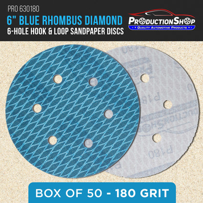 Premium 180 Grit 6" Rhombus Diamond Shape Blue Sanding Discs, 6-Hole, Box of 50 - Hook & Loop Anti-Clogging J-Cloth Dustless Sandpaper for Random Orbital Sanders